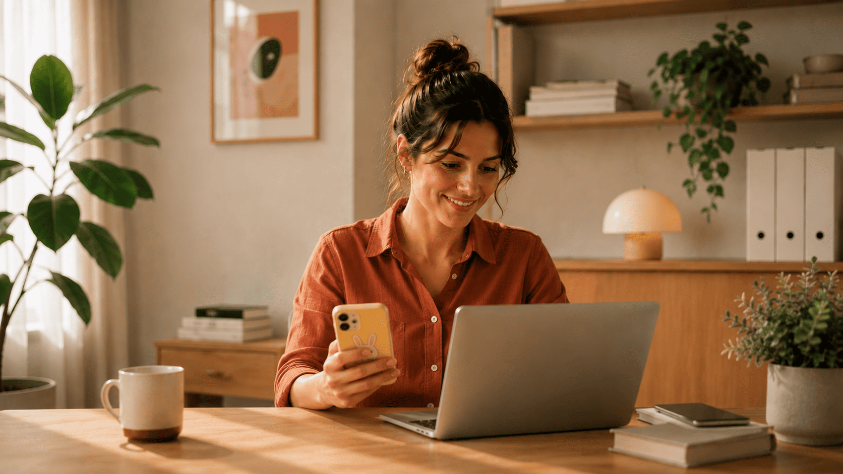 Donna al lavoro con il computer portatile in soggiorno.